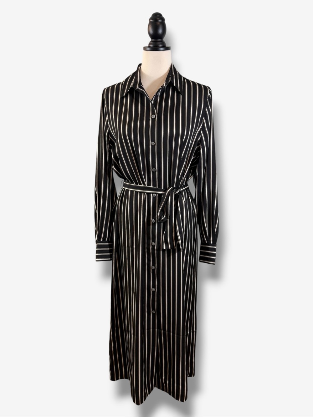 Banana Republic Black Stripe Tie Waist Midi Shirt Dress M Fall 2024